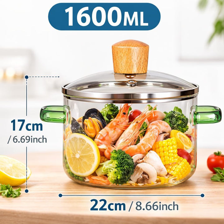 Transparenter Borosilikat-Glaskochtopf 1,6l – Mikrowellengeeignet, Hitzebeständig, Doppelgriff – Fam