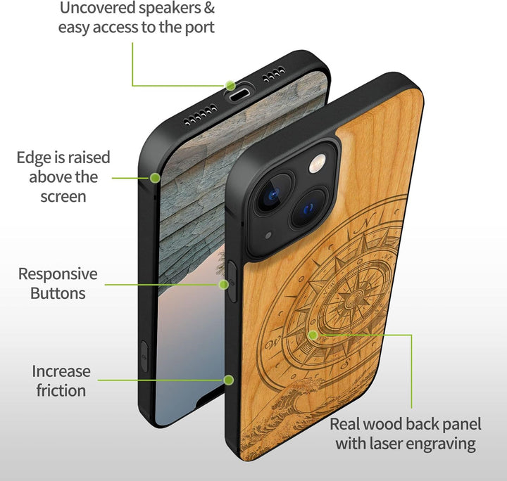 Carveit Magnetisch Hülle für iPhone 13 Mini [Elegante Kirschholz] [Weich TPU Stossstange] Stossfeste