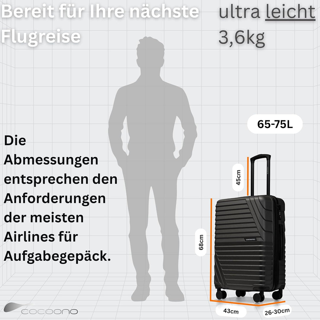 COCOONO Hartschalenkoffer Mittelgross – 60L - 67L Volumen – 8 Rollen 360° drehbar – Leichter ABS Kof