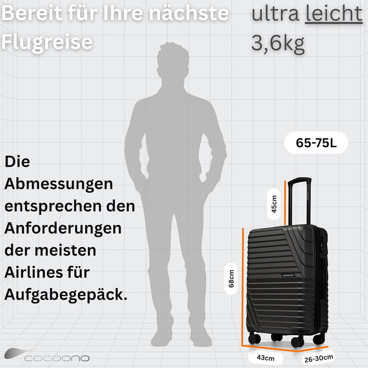 COCOONO Hartschalenkoffer Mittelgross – 60L - 67L Volumen – 8 Rollen 360° drehbar – Leichter ABS Kof