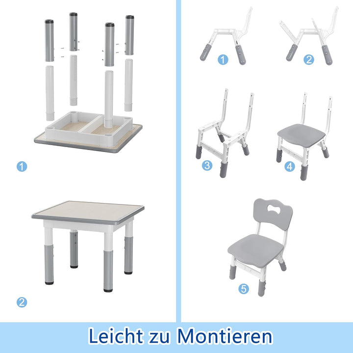 AufuN Kindertisch mit 2 Stühlen, Kindertischgruppe mit Verstellbarer Höhe, Kinderzimmertisch & -stuh