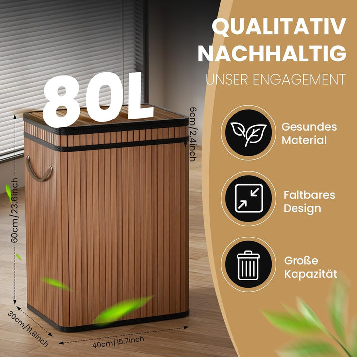 Mihoho 80 Liter grosse Mülleimer mit Deckel, Mülleimer Abfallkorb aus Bambus, Outdoor Mülleimer/Abfa
