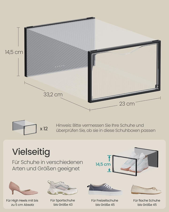 SONGMICS Schuhboxen, Schuh-Organizer aus Kunststoff, mit Tür, durchsichtig, 12er Set, stapelbar, ein