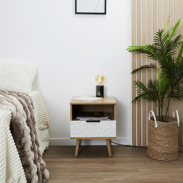 HOME DECO FACTORY HD7146 MESITA DE Noche C/CAJÓN Sven, Polyester, Holz/Weiss, 40x49x35 cm