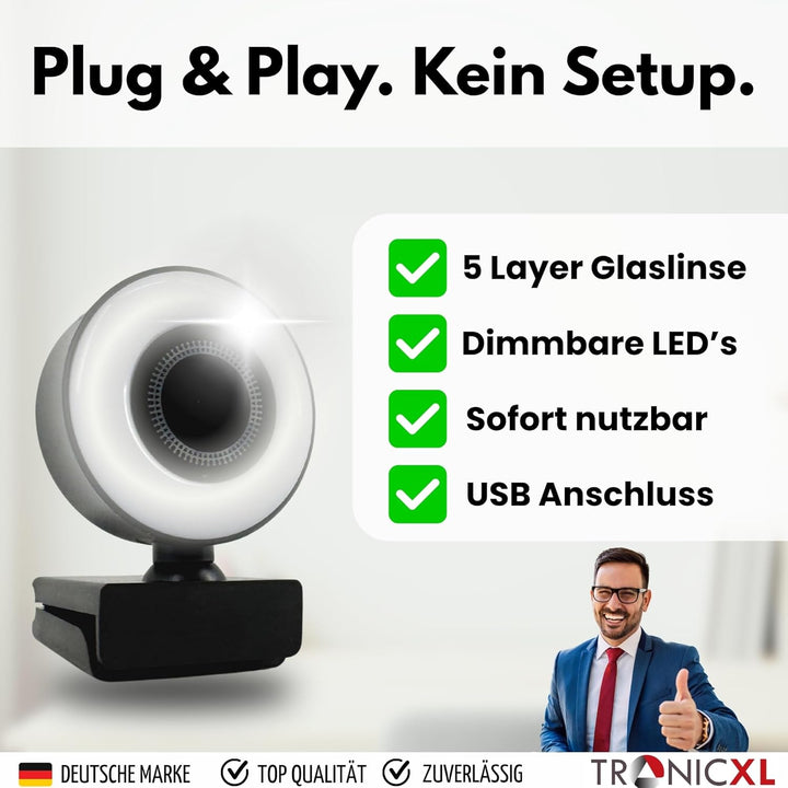 TronicXL Webcam Full HD mit Ringlicht Lampe 1920x1080p Autofokus I 2 Mikrofone Geräuschunterdrückung