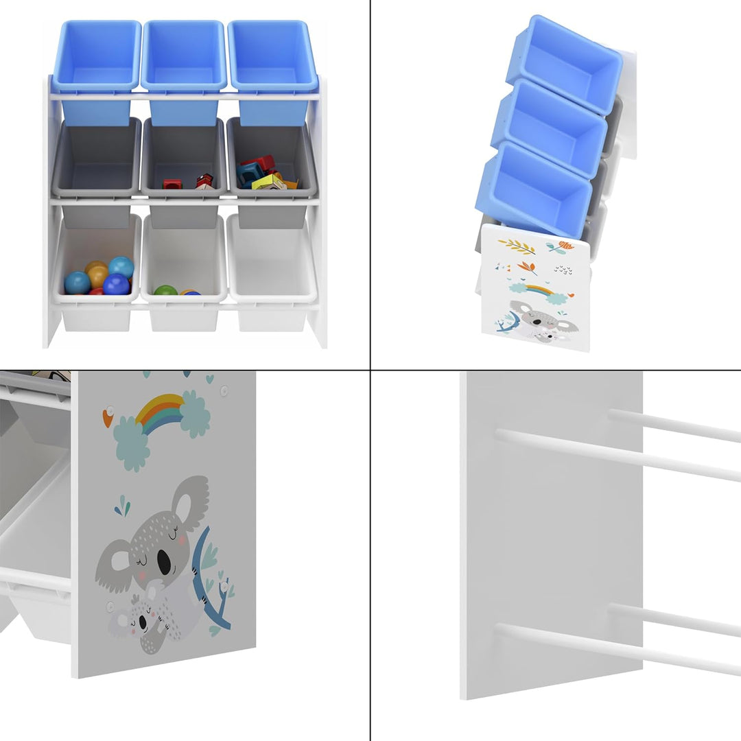 [en.casa] Kinderregal Muxía mit 9 Aufbewahrungsboxen Spielzeugregal mit Koala-Motiv Spielregal Weiss
