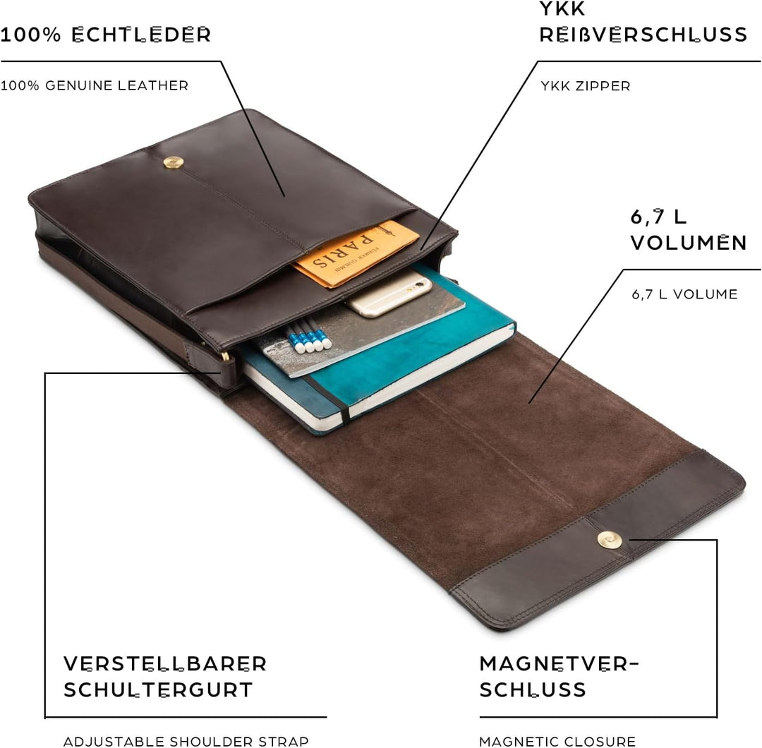 LEABAGS Leder Umhängetasche Herren &amp; Damen I Echtleder Laptoptasche bis 13 Zoll I Messenger Bag mit
