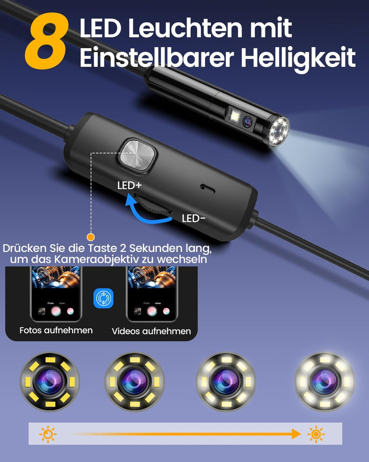 Endoskopkamera mit Licht, 1920P HD Doppellinse Inspektionskamera Handy mit 8 LED, Kein WLAN Endoskop