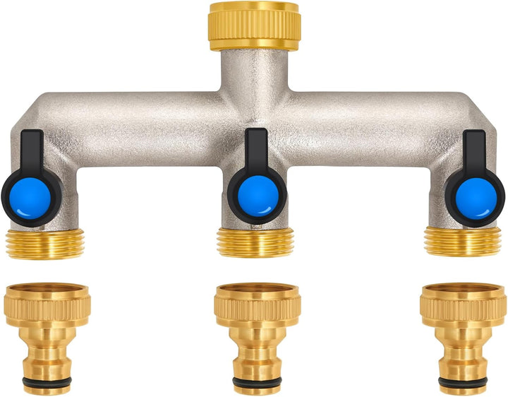 3-Wege Wasserhahn Wasserverteiler aus Messing für 3 Geräte/Gartenschläuche, 3er Verteiler 3/4" Adapt