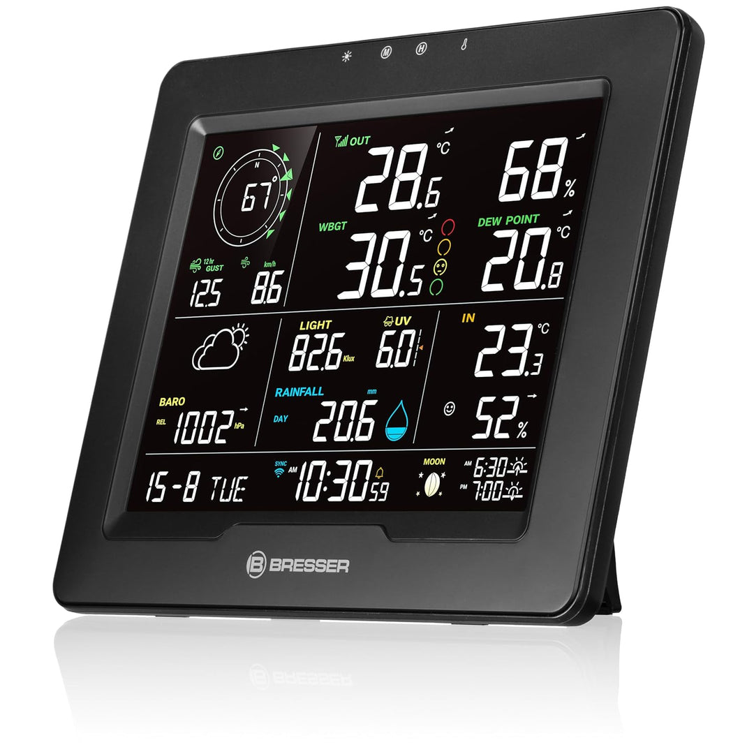 Bresser WLAN Wetterstation 8-in-1 mit Aussensensor, WBGT-Hitzestress-Index, UV, Regen, Wind, Licht,