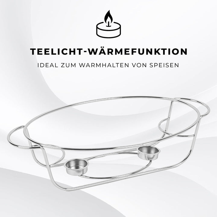 Wärmebehälter für Speisen mit Glaseinsatz - 3L - Teelicht Warmhalteplatte - Edelstahl Gestell und De