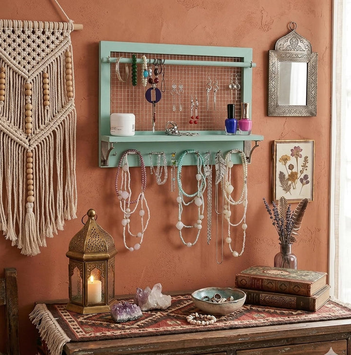 Spiretro Wandhalterung Schmuckaufbewahrung, Holz Schmuck Organizer Halter mit Haken Regal Stange Hän