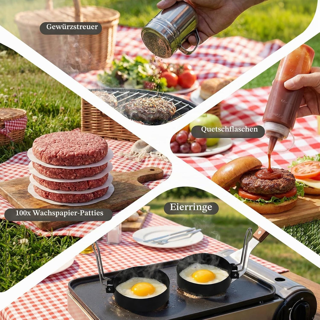 11 Stücke Smash Burger Set,BBQ Grillbesteck Set mit 2 Burgerglocken, Burgerpresse, Smasher,Pfannenwe