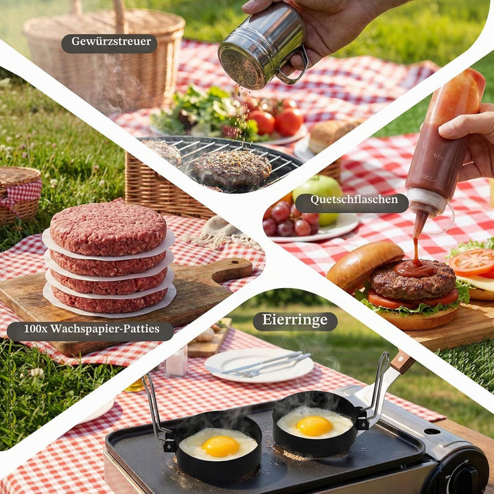 11 Stücke Smash Burger Set,BBQ Grillbesteck Set mit 2 Burgerglocken, Burgerpresse, Smasher,Pfannenwe