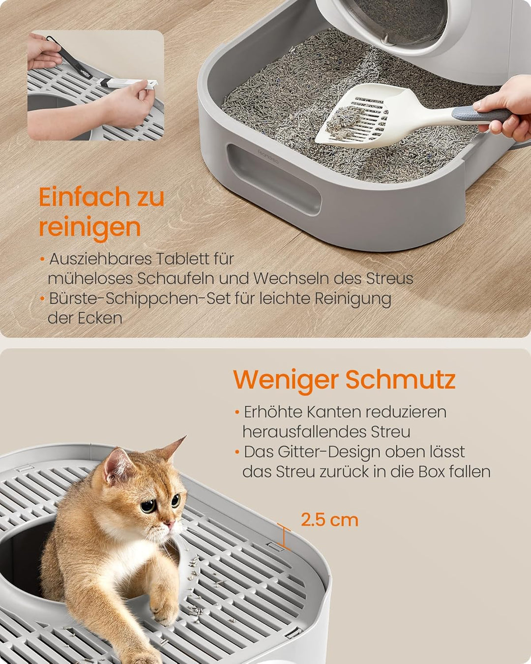 Feandrea Katzenklo, Katzentoilette XXL, mit Deckel, ausziehbares Tablett, Schaufel, Bürste, für Katz