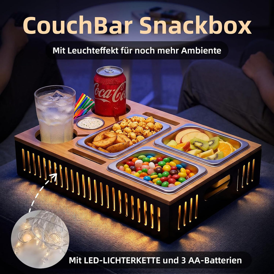 Couchbar Snackbox,Durchbrochen Snackbox mit Fächern&amp;Leuchteffekt,Bambus Sofa Tablett mit 4 Edelstahl
