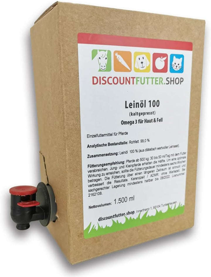 Leinöl 100 (2 x 5 Liter BiB) für Pferde | kaltgepresst | 70% weniger Verpackung (Plastik) | glänzend