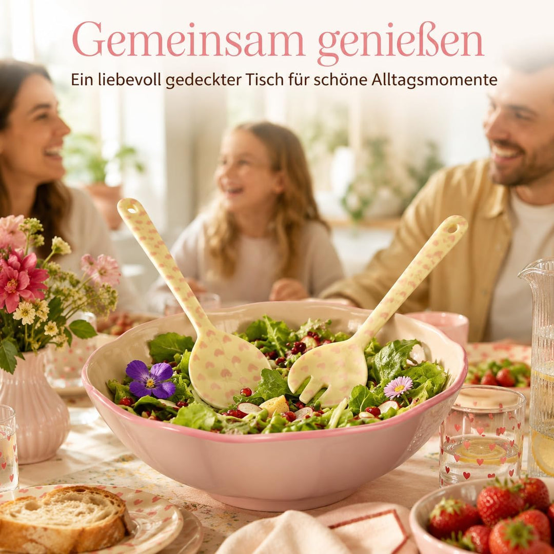 RICE Salatbesteck Melamin 2-teilig, creme rosa Herzmotiv, 29 cm | Salatlöffel &amp; Salatgabel, BPA-frei