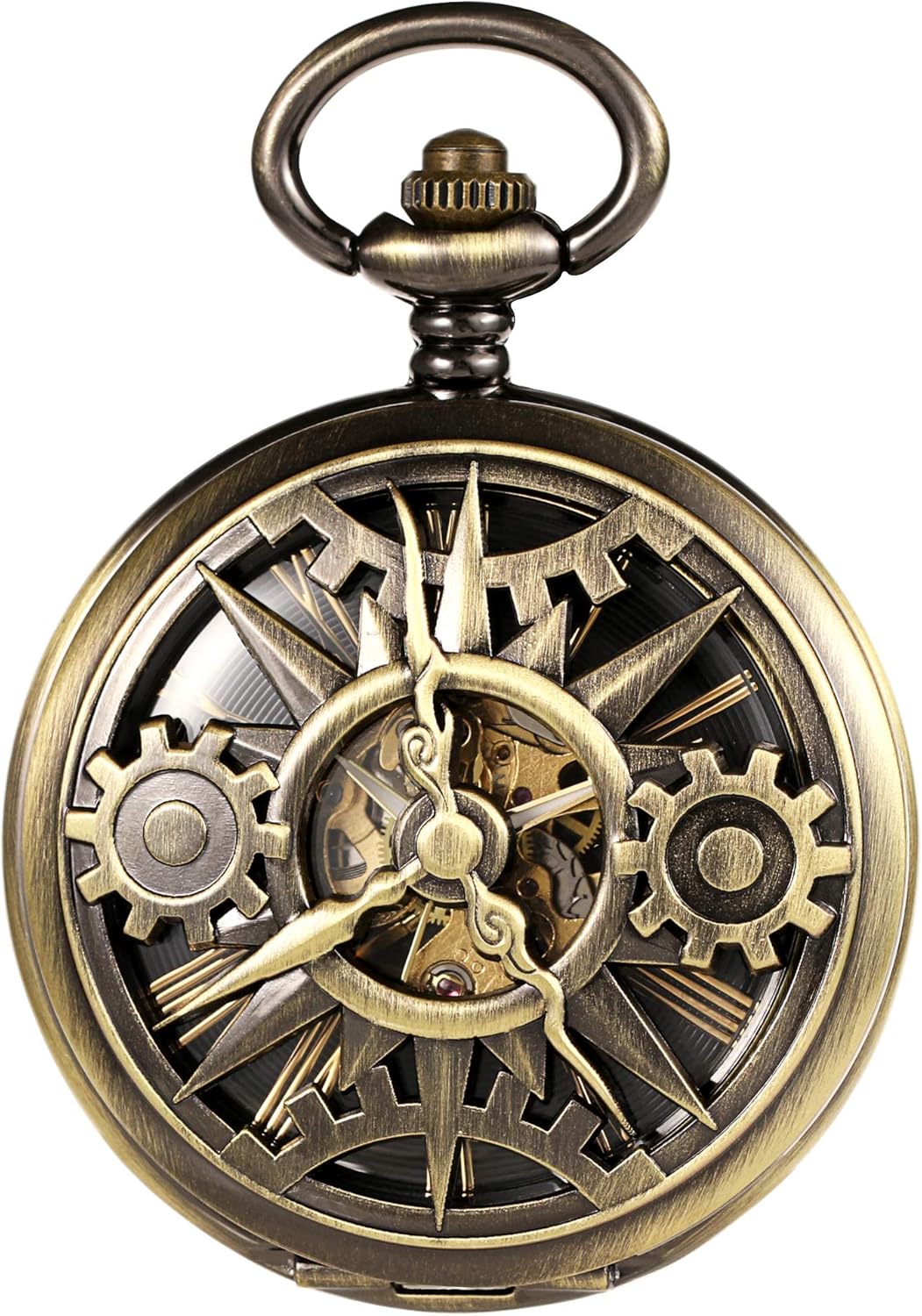 TREEWETO Unisex Taschenuhr mit Kette Analog Handaufzug Doppelscharnier Mechanisch Getriebe Skelett F