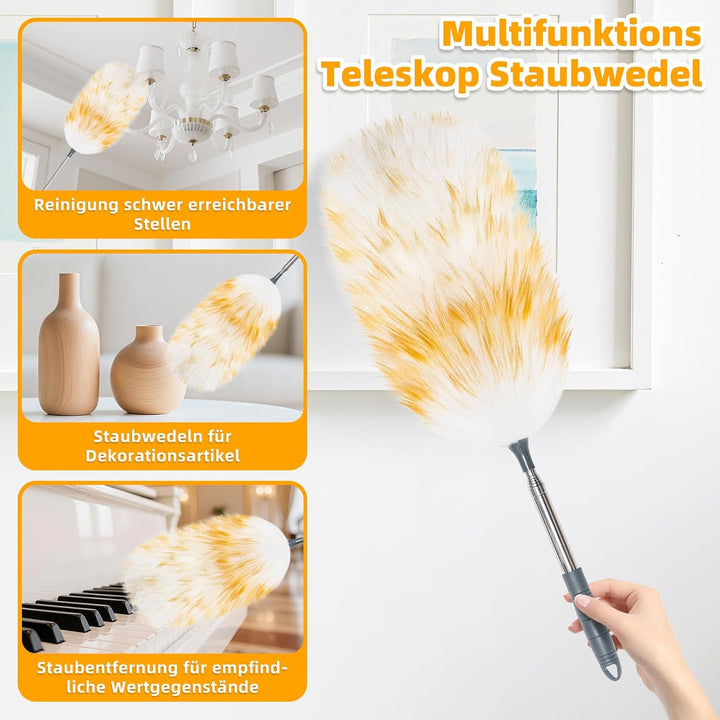 Loveco Staubwedel, Hochwertiger Lammwolle Staubwedel Teleskop Waschbar, Ausziehbar bis ca. 130 cm –
