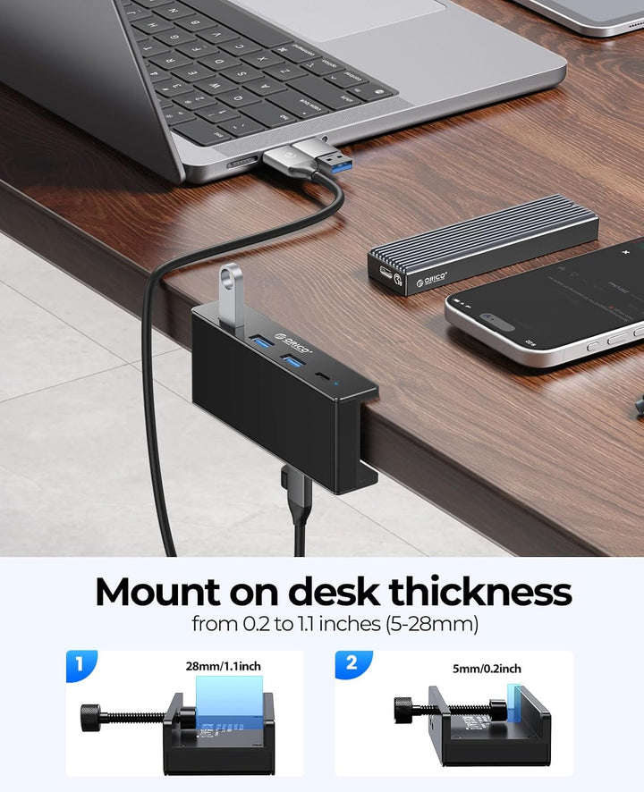 ORICO USB Hub, Aluminum USB 3.0 Hub Clip mit 5V Stromversorgungsanschluss, 5Gbps 4 Port USB Verteile
