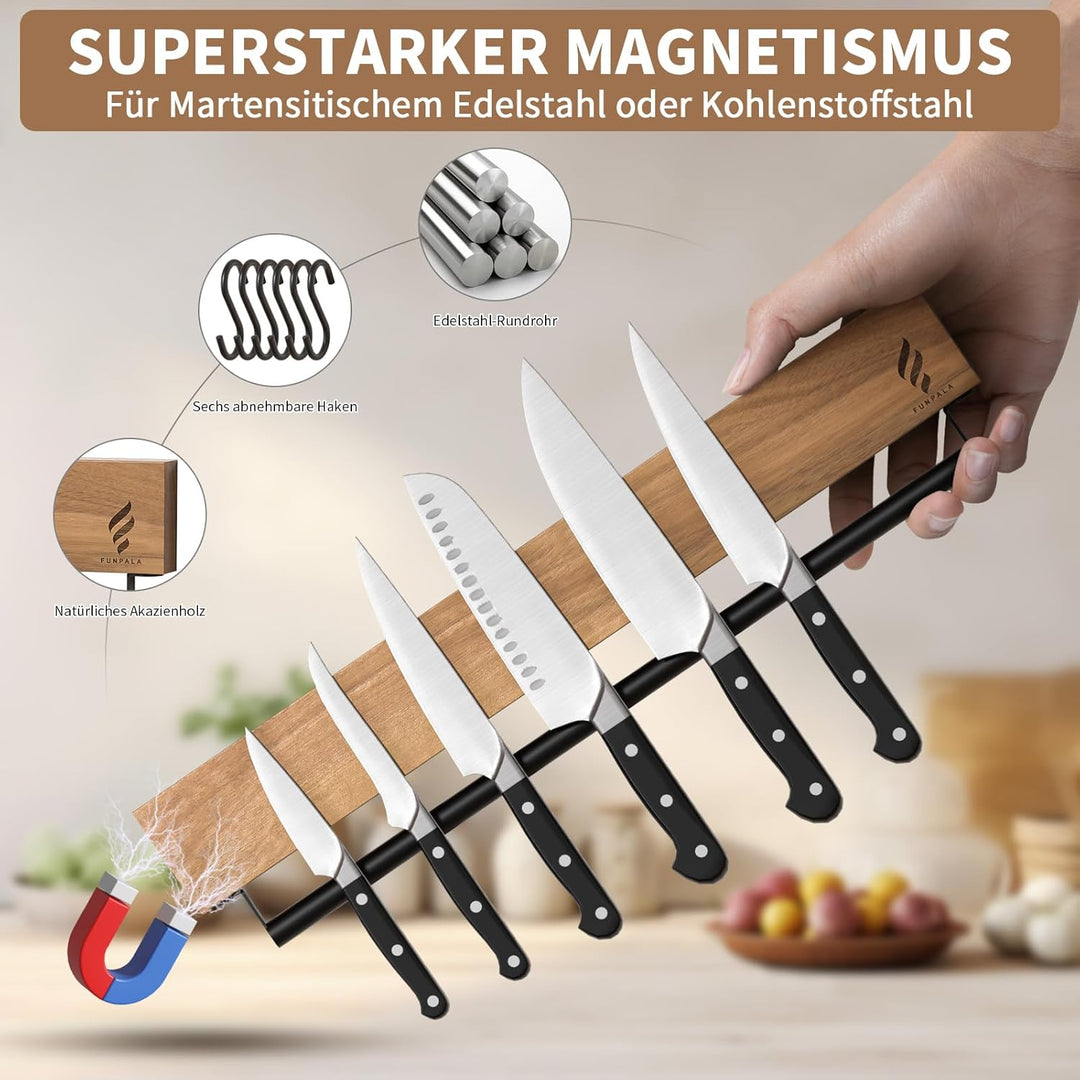 Magnetleiste Messer mit 6 Haken, 40 cm Messerhalter Holz mit Extra Starkem Magnet, Messerhalter Magn