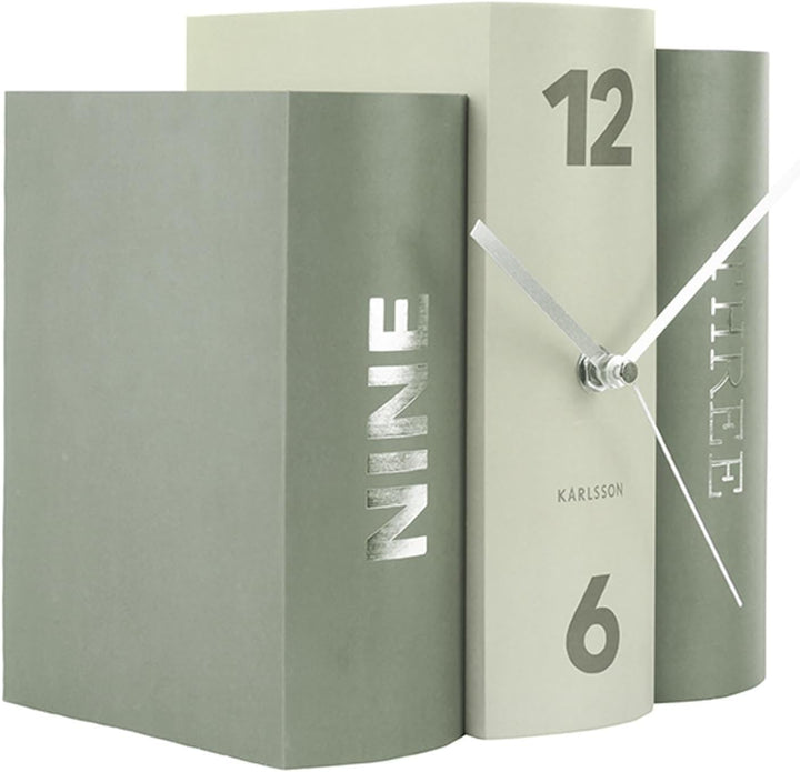 Karlsson KA5756GR Tischuhr, Trompe-L'Oeil-Bücher, Buch, Grün, Fester Karton und Metall, H20 x 20 x 1