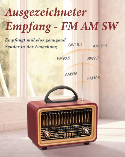 PRUNUS J-170 Bluetooth Radio Retro AM/FM/SW, Nostalgie Radio Klein mit 1800mAh Akku, Kofferradio Küc