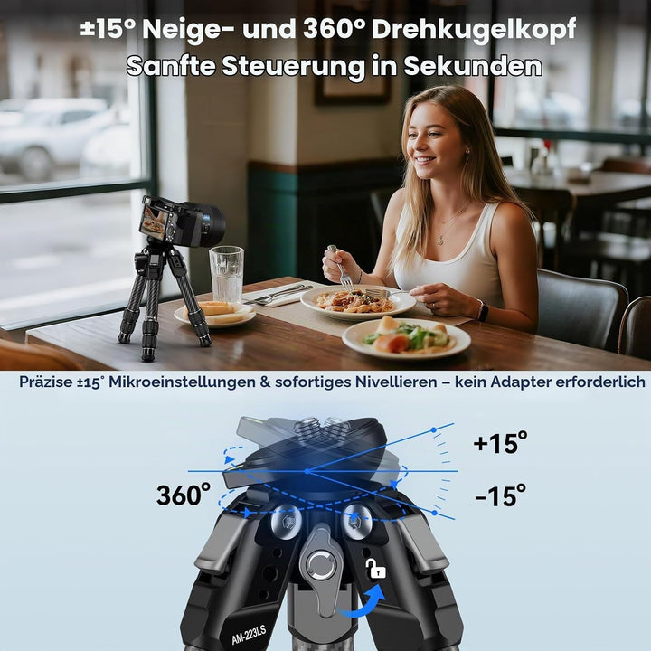 SIRUI AM-223LS Carbon Mini-Stativ mit Bowl-Basis, Tischstativ 36,9 cm max. Höhe, 15 kg Traglast, 0,7