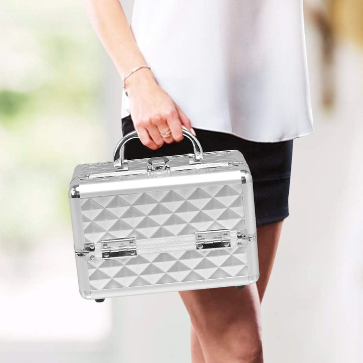 HOMASIS Kosmetikkoffer mit Spiegel, Mini Schminkkoffer mit 3 Ebenen, tragbarer Beauty Case mit Griff