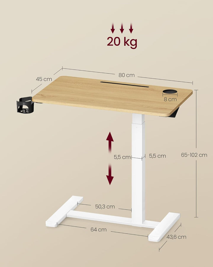 VASAGLE Beistelltisch mit Rollen, mobiler Stehtisch, 80 x 45 cm grosse Tischplatte, verstellbare Höh
