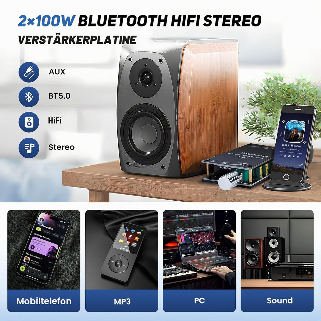 2x100W HiFi-Verstärker, Bluetooth 5.0 Audioverstärker Amp mit LC-Filter & TPA3116 Chip, Stereo Mini
