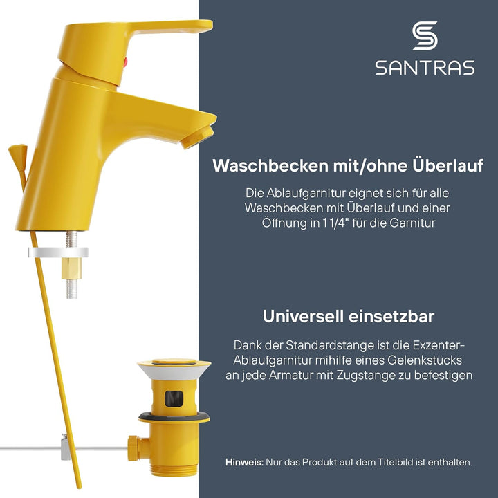 SANTRAS® Exzenter Ablaufgarnitur Premium für Waschtisch mit Schutz vor Überlauf in Gelb – Komplette