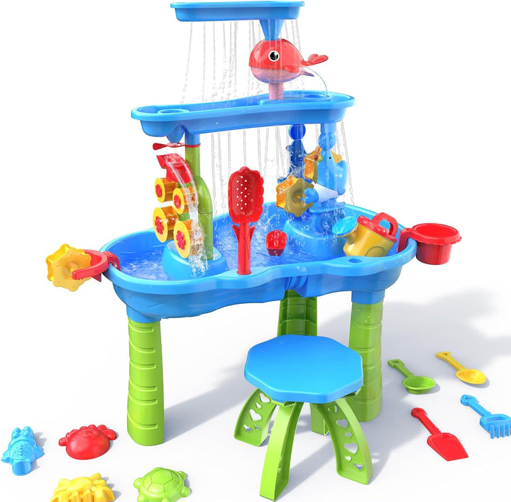 TEMI Wasserspieltisch für Kleinkinder, Sand- und Wassertisch 3-stufiger Outdoor-Spieltisch Sensorik-