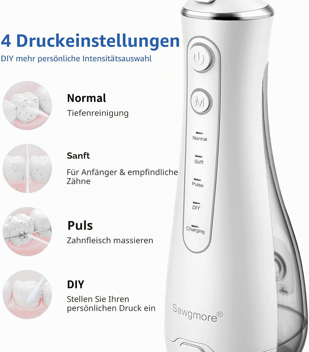 Sawgmore Munddusche Kabellos, Professionelle Elektrischer Zahnreiniger mit 4 Modi und 4 Ersatzdüsen,