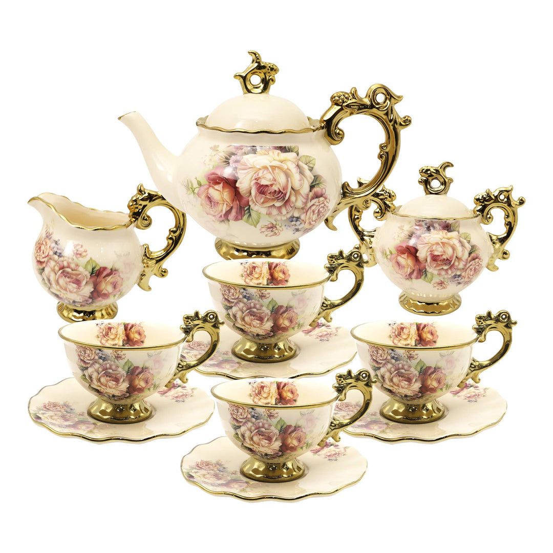 fanquare 15 Stück Rose Blumen Englische Keramik Tee Sets, Vintage China Kaffee Set, Tee Service für