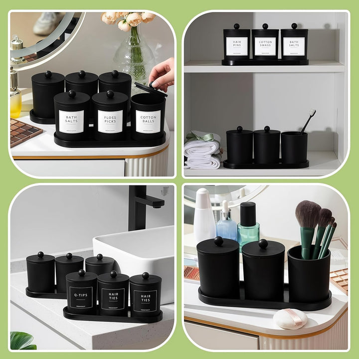 BIKALAN Glas Wattestäbchen Behälter, Schminktisch Badezimmer Organizer Set mit Tablett, Wattepadspen