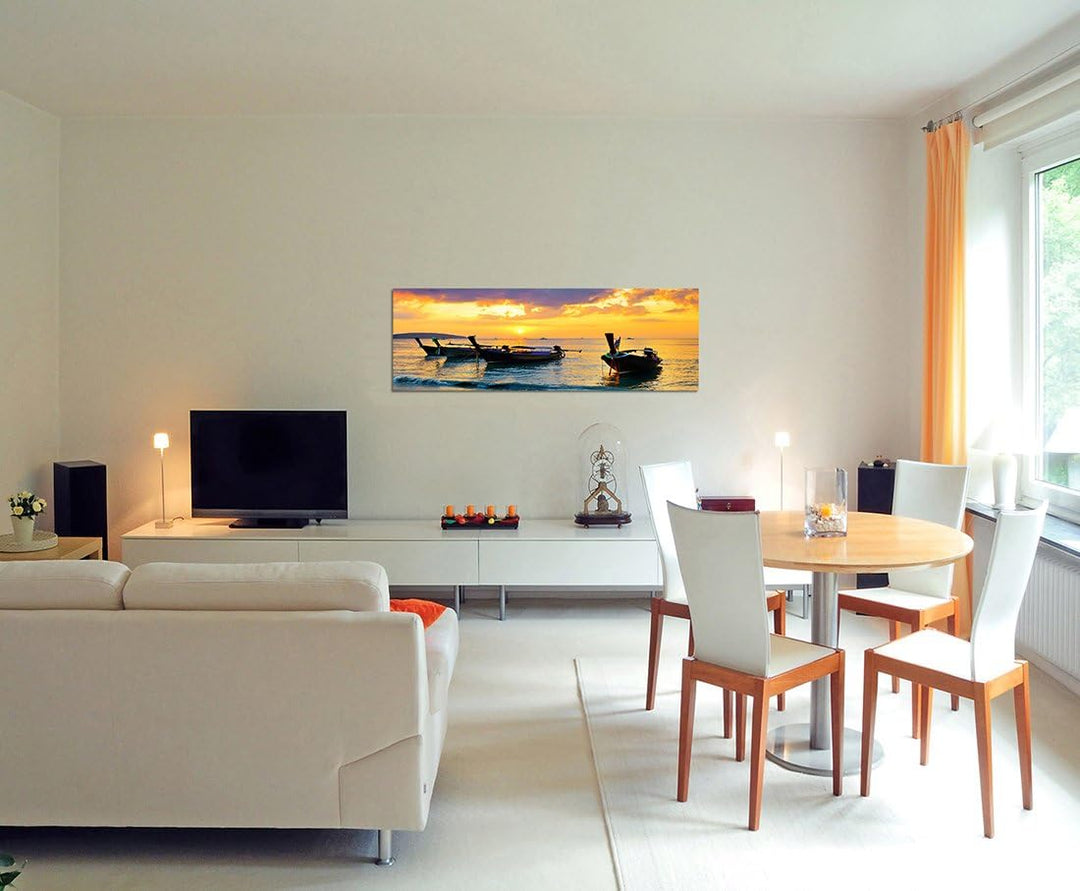 Paul Sinus Art Panoramabild auf Leinwand und Keilrahmen 120x40cm Thailand Strand Fischerboote Abends