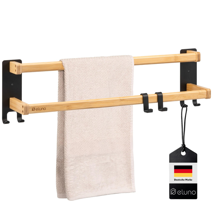eluno Handtuchhalter 60 cm mit 2 Handtuchstangen und 6 praktischen Haken - mit hochwertigem Klebeban