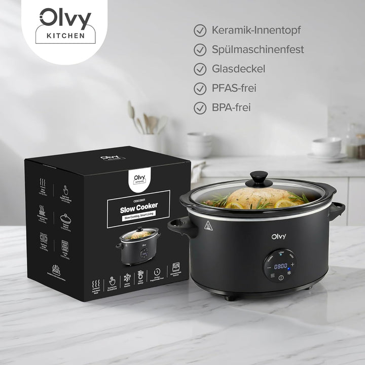 Olvy Slow Cooker 6L Pro Digital Schongarer mit Timer Touchscreen Warmhaltefunktion Auftaufunktion 24