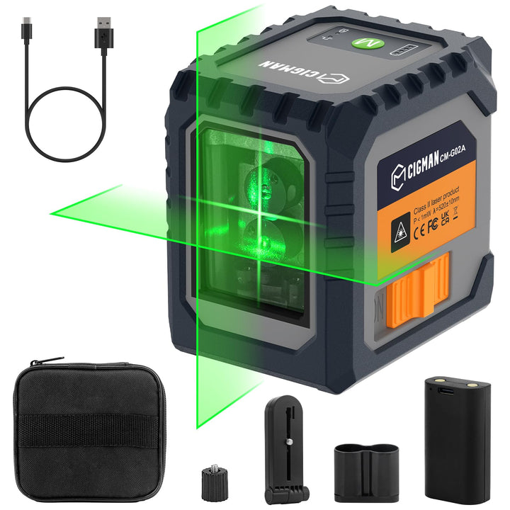 CIGMAN Kreuzlinienlaser Laser Wasserwaage,mit Aufladbarem Akku, Linienlaser und Grün Selbstnivellier