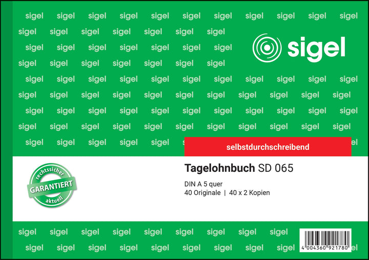 SIGEL SD065/5 Tagelohnbuch A5 quer, 3x40 Blatt, selbstdurchschreibend, 5 Stück, 5 Stück