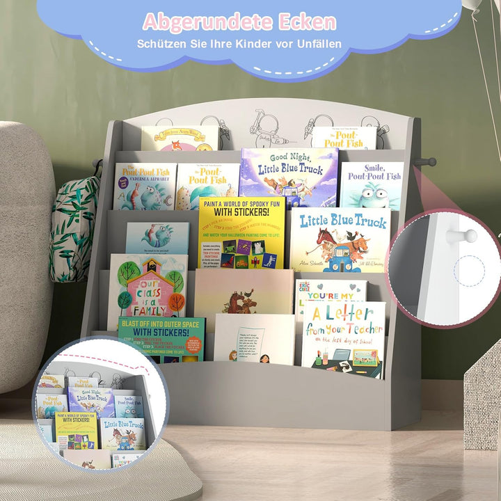 KEEPREAPER Kinder Bücherregal mit 5 offenen Fächern und Haken, Kinderregal Holz, Montessori Aufbewah