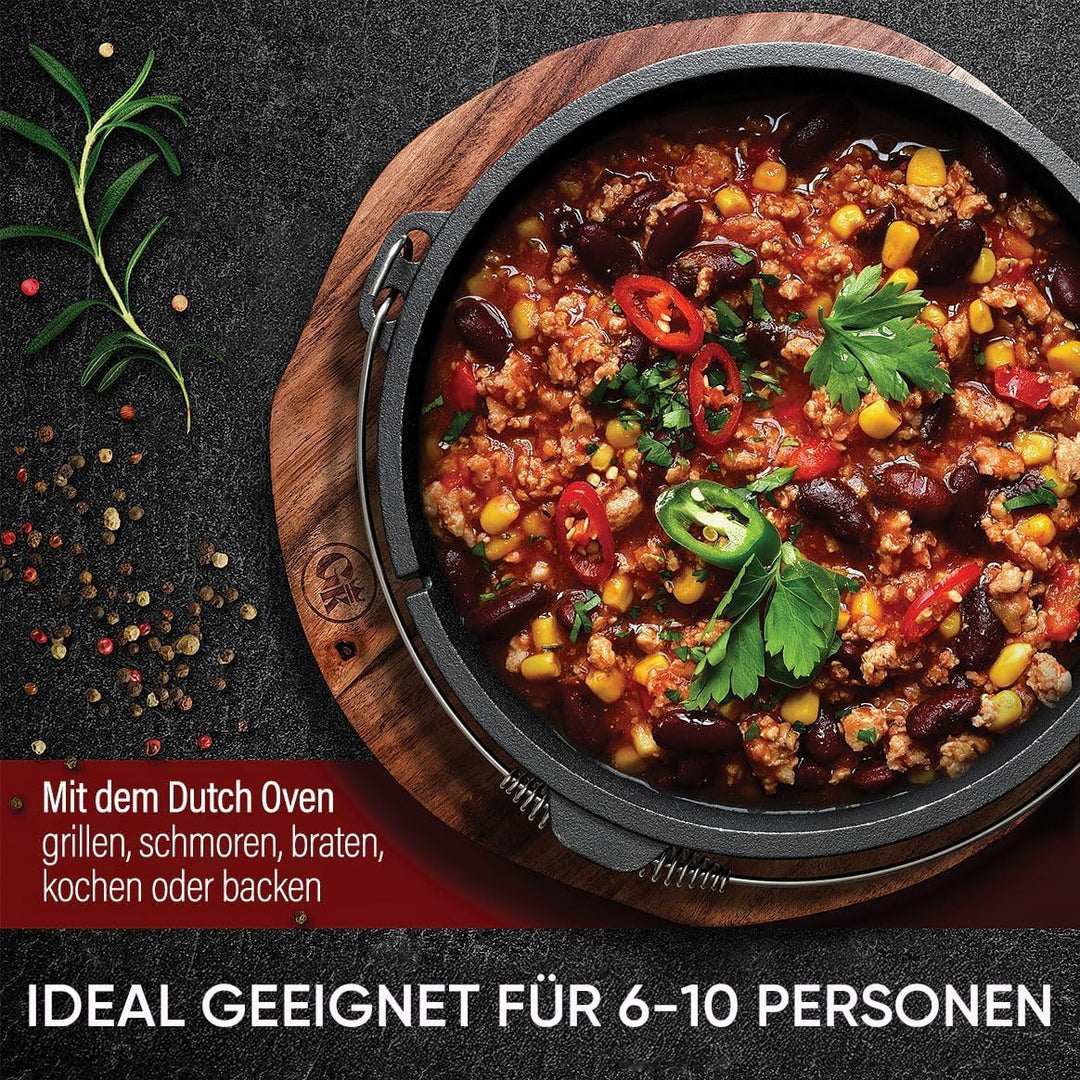 GUSSKÖNIG Dutch Oven Set [9L] - Eingebrannter Feuertopf mit innovativem 2in1 Deckelheber, Reinigungs