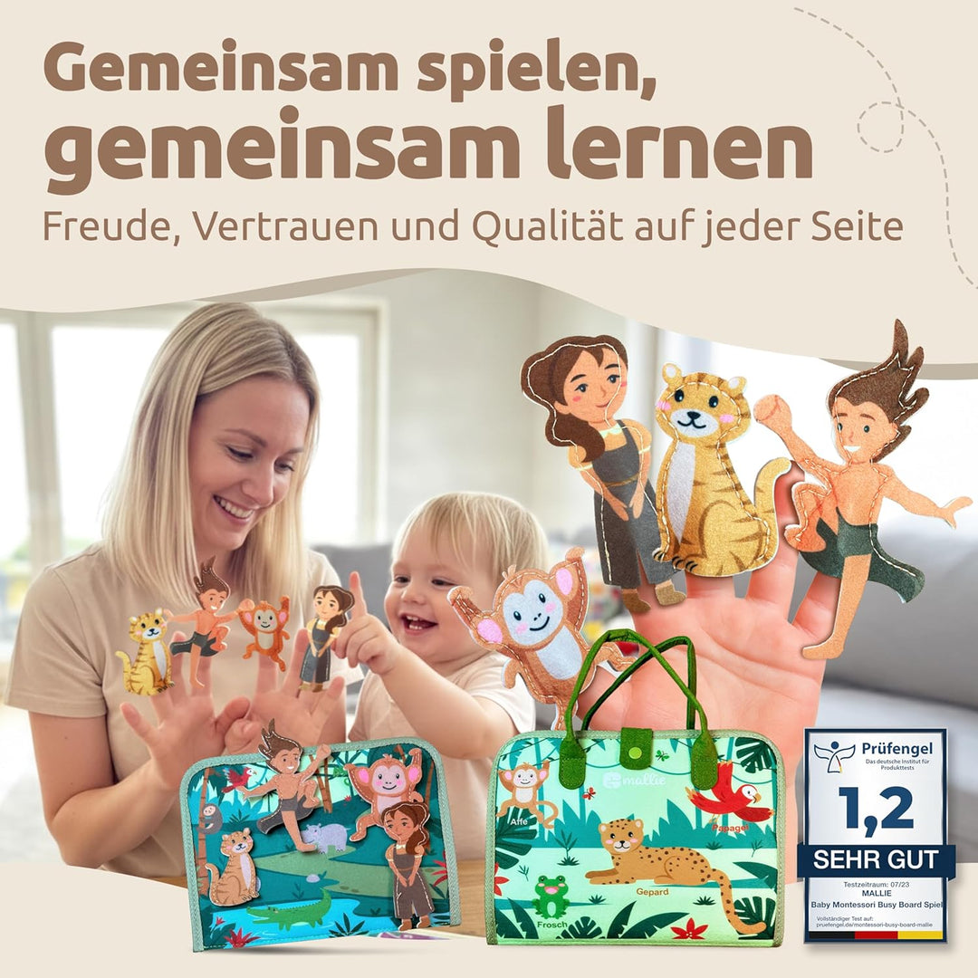 Mallie® Montessori Busy Board mit Rollenspiel-Set & Fingerpuppen [Version 2025] Lernbuch - Fördert F