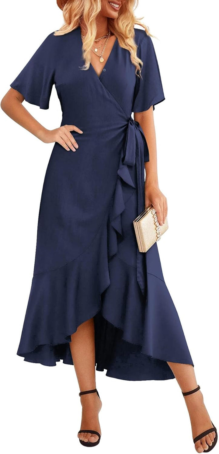 Beluring Damen Wickelkleid Elegante V Ausschnitt Langarm/Kurzarm Lange Kleid XXL Stil B:navy Blau, X