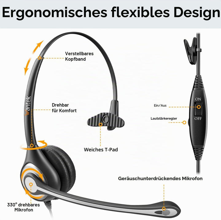 Wantek 2,5mm Klinke Headset Telefon mit Mikrofon Noise Cancelling & Lautstärkeregler, Schnurlos Fest