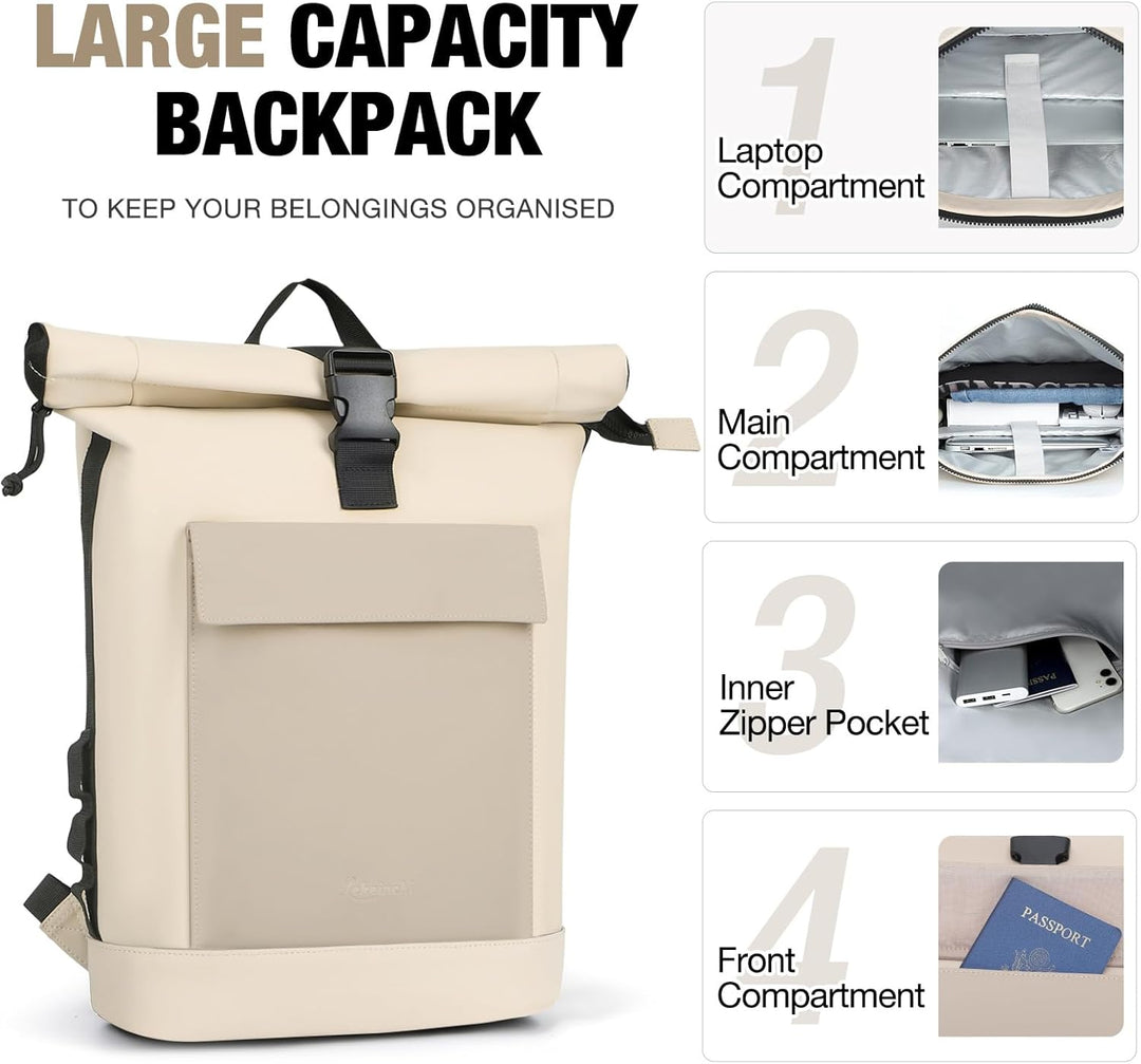 Rolltop Rucksack Damen & Herren, Elegant Laptop Rucksack Wasserdicht mit 17 Zoll Laptopfach, Grosser