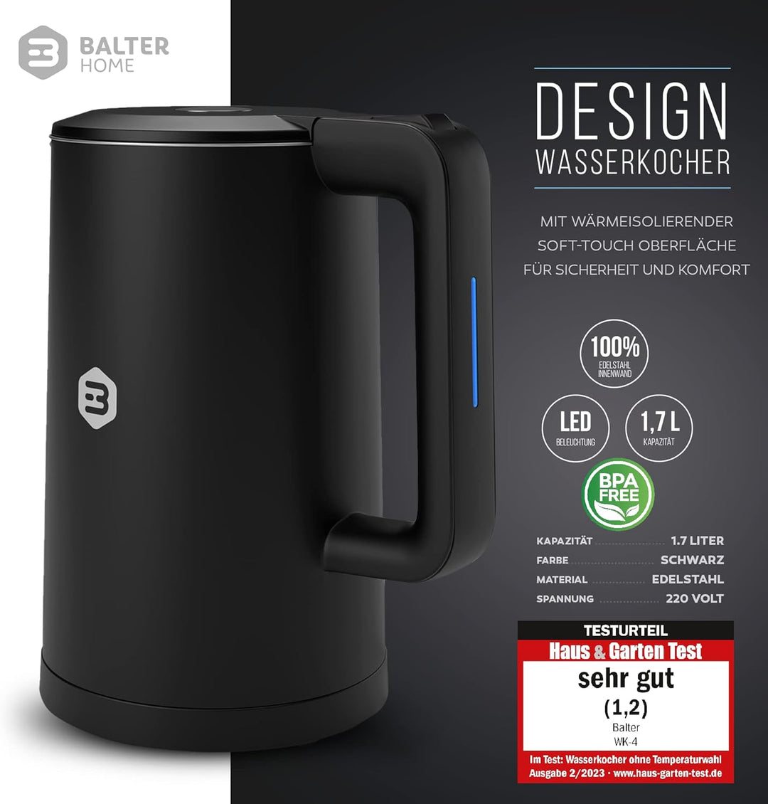Balter Wasserkocher Edelstahl WK-4, 1,7 Liter, elektrischer Wasserkocher, Doppelwand Design, BPA fre