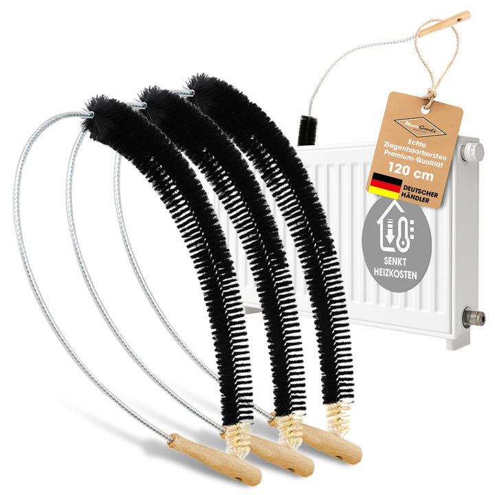 MaxxGoods Heizkörperbürsten - 3 Stück - 120 cm - Heizungsbürste mit Ziegenhaar Borsten - Ideal für d
